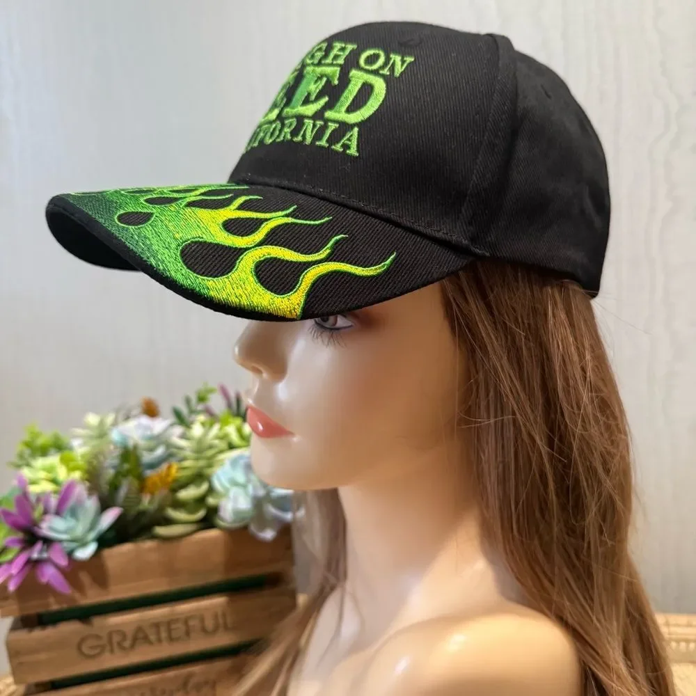 High On Weed California Adjustable Embroidered Cap Black Green Flames Unisex OS
